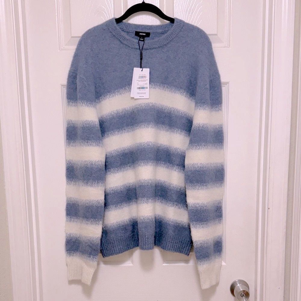 NWT REISS Piers Wool-Alpaca Blend Stripe Jumper in Soft Blue/White - Picture 7 of 11
